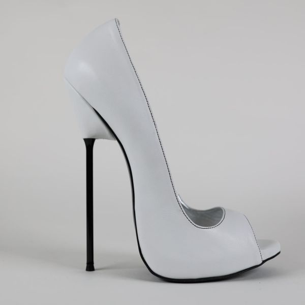 Extrem Peep Toe High Heels weiss Leder mit schwarz lackiertem Stiletto Metallabsatz
