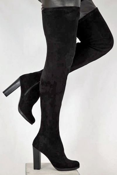 Velour Overknee Stiefel mit Blockabsatz