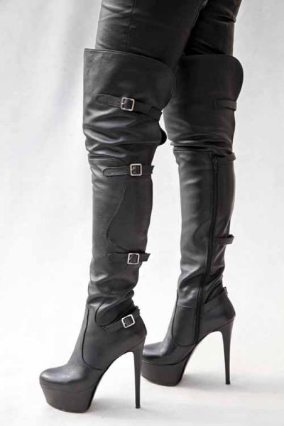 Schwarzer High Heel Overknee Plateau Lederstiefel mit Plateau MICELI-Made in Italy