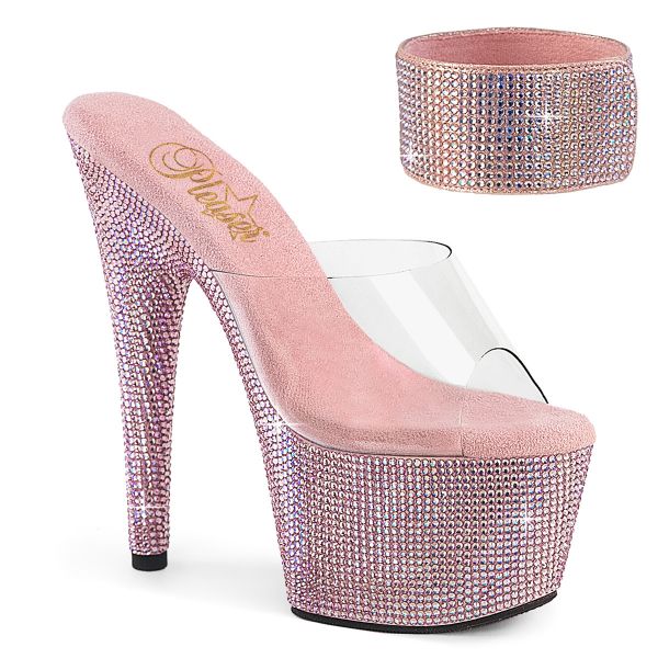 Plateau Pantolette mit zusätzlichem breitem Fesselriemchen, baby pink Strass besetzt BEJEWELED-712RS