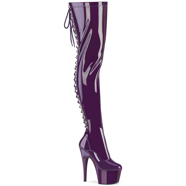 Overknee Plateau Stiefel ADORE-3063 Stretchlack lila mit Schnürung hinten