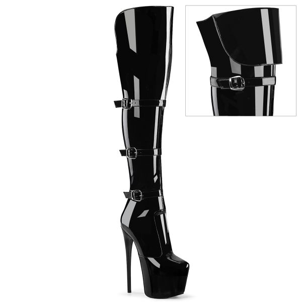 Stiletto Overknee Stiefel JUBILANT-3018 schwarz Stretchlack mit überzogenem Plateau und 3 Schnallen
