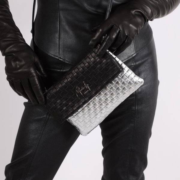 Renato Angi Handtasche Leder schwarz silber mit Schulterriemen