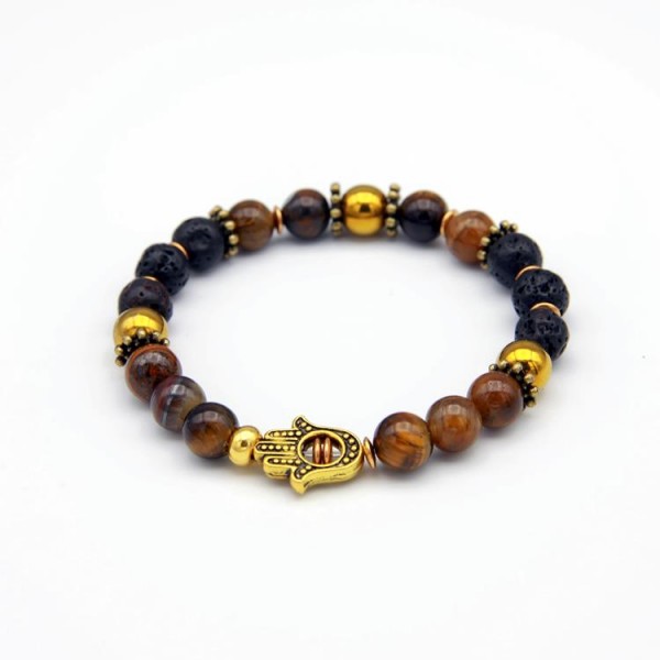 Herren Perlen Armband mit Tiger Stone braun, Lava schwarz, Hematite gold.