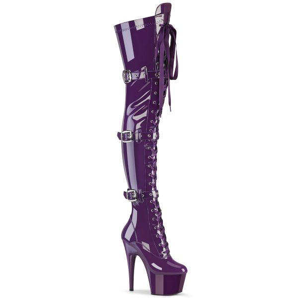 High Heel Overknee Plateau Stiefel Adore-3028 lila Lack mit Schnürung und Schnallen