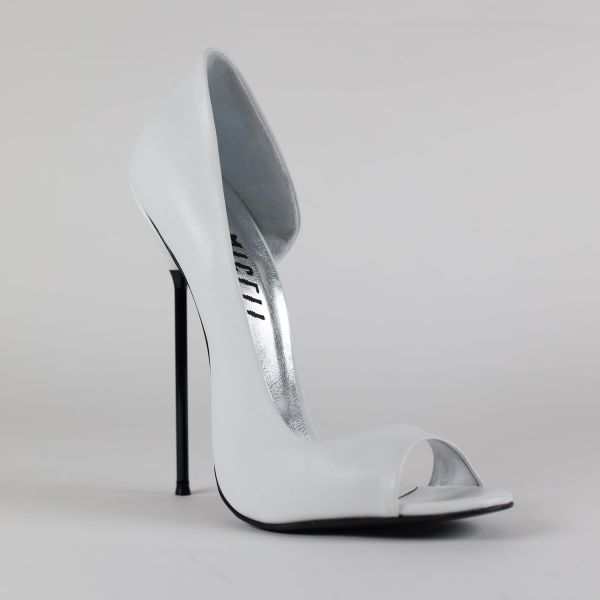 Extrem Peep Toe High Heels weiss Leder mit schwarzem Stiletto Metallabsatz von Miceli