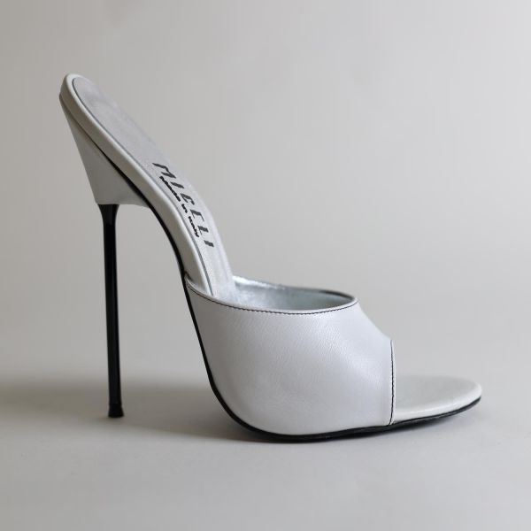 High Heels Plateau Pantolette weiss Leder mit schwarzem Metallabsatz - Miceli-Made in Italy