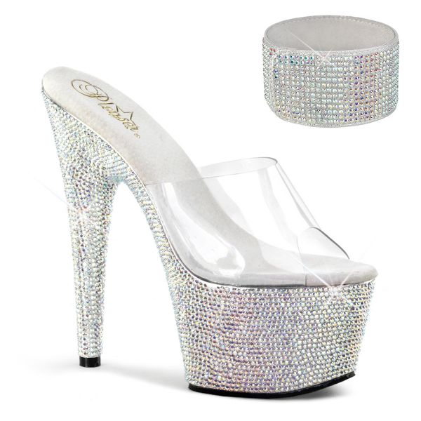Plateau Pantolette mit zusätzlichem breitem Fesselriemchen, silber Strass besetzt BEJEWELED-712RS