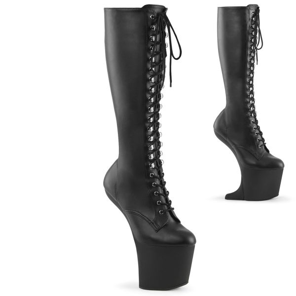 CRAZE-2023 Absatzlose Heelless Plateau Kniestiefel mit Schnürung schwarz Stretchkunstleder