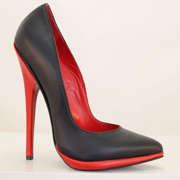 Sehr hohe schwarze Leder High Heels mit rotem Stiletto Absatz und Mini-Plateau